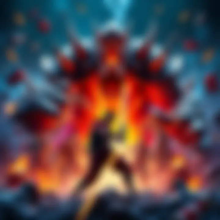 A player character battles a fierce boss with glowing effects, surrounded by loot and enhancements from the latest patch.