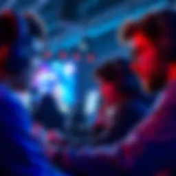 Players looking at the screen in a gaming tournament, discussing suspicious gameplay and possible cheating.