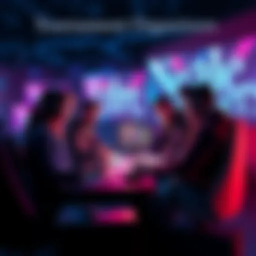 A group of tournament organizers discussing plans and ideas for a new streaming platform, with computers and notes around them.