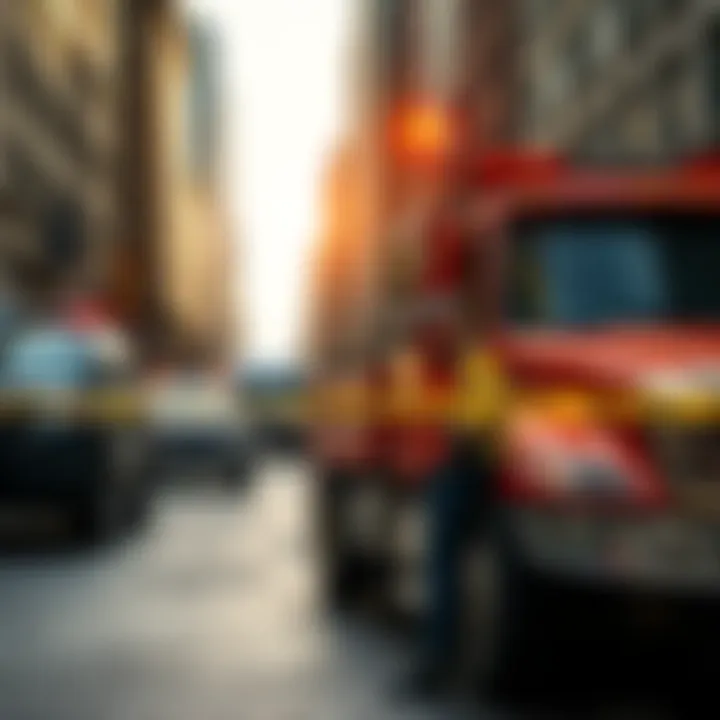 Tow truck driver standing next to a truck in a city street with crime scene tape and police cars in the background