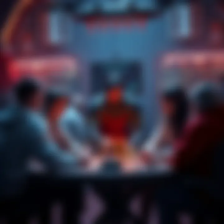 Players gather around a table, discussing strategies for tackling a challenging tower raid in a video game.