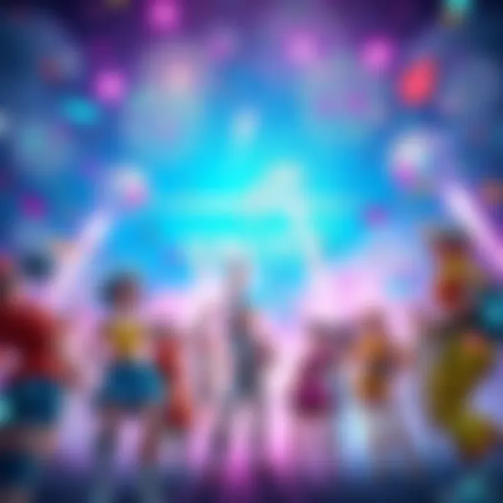 Celebration scene with players enjoying Tower Unite's full game launch, featuring colorful fireworks in the sky and characters in vibrant outfits