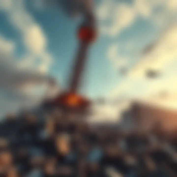 A damaged tower with debris surrounding it after the second crash, showing concerns for safety in the area.