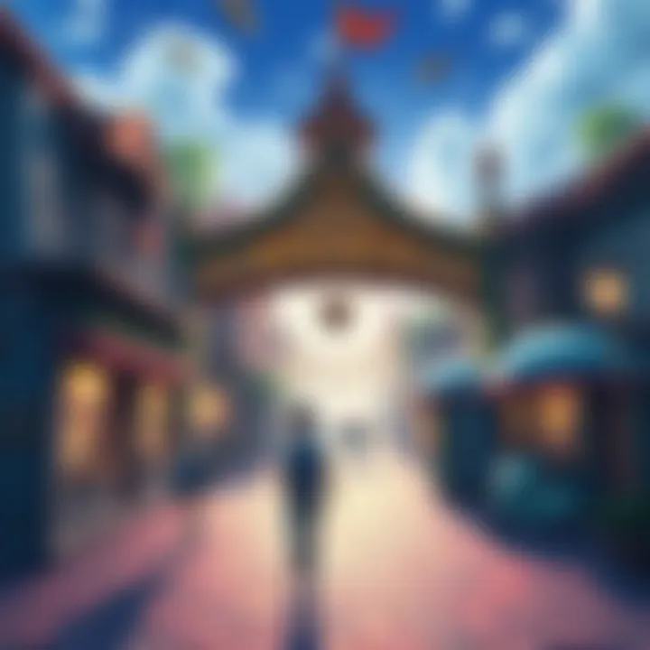 A vibrant depiction of a town entrance in a video game, with characters strolling and a lively atmosphere, capturing the essence of the missing song.