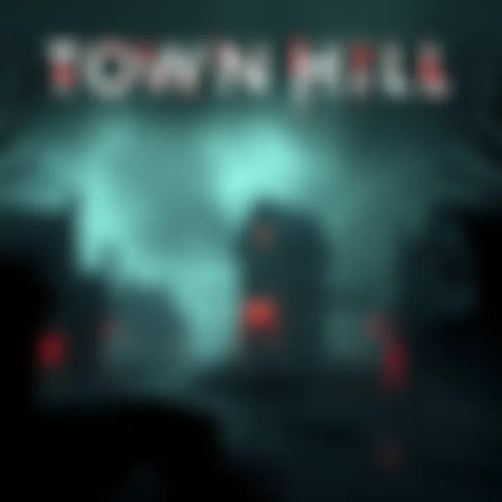 Concept art showcasing a dark, eerie town environment from Townfall with a foggy atmosphere and unsettling architecture.