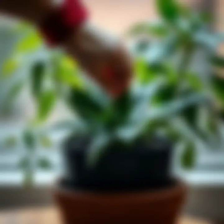A person removing a toxic plant from a pot with green foliage in the background