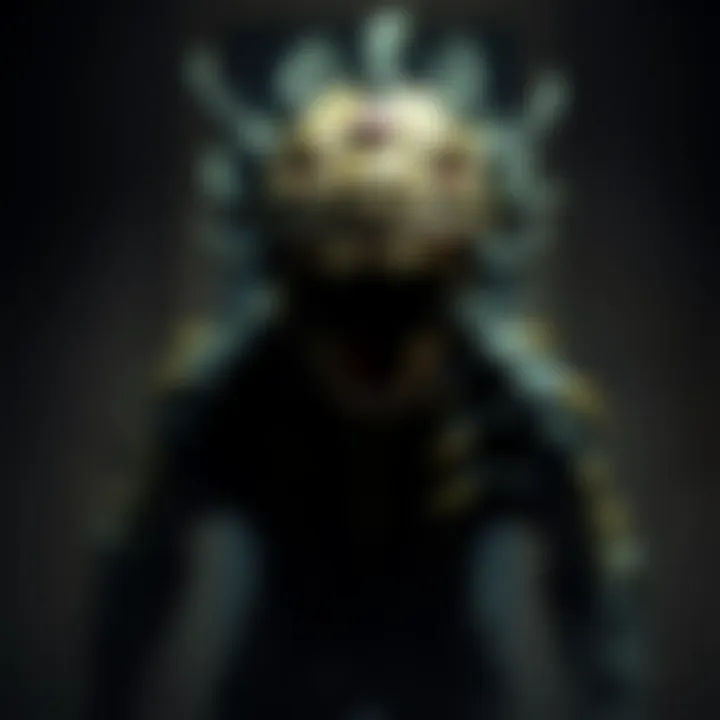 A dark, menacing figure representing Toxic Springtrap with eerie features and worn-out appearance, set against a dimly lit background.