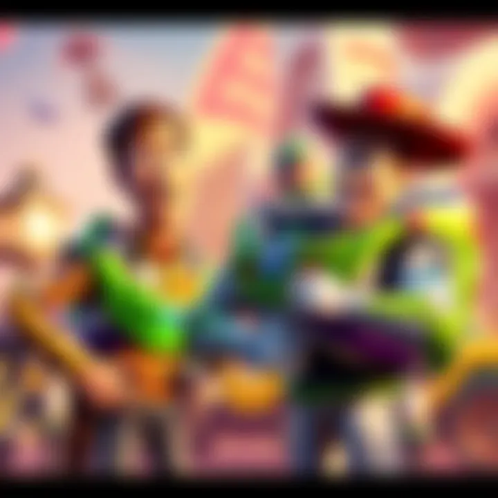 Toy Story characters like Woody and Buzz Lightyear interacting in Fortnite's vibrant world during the showcase.