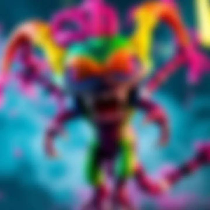 A colorful depiction of Toy Terror Cho'Gath, a monster with a playful design, featuring bright colors and cartoonish features, highlighting its unique look in gaming.