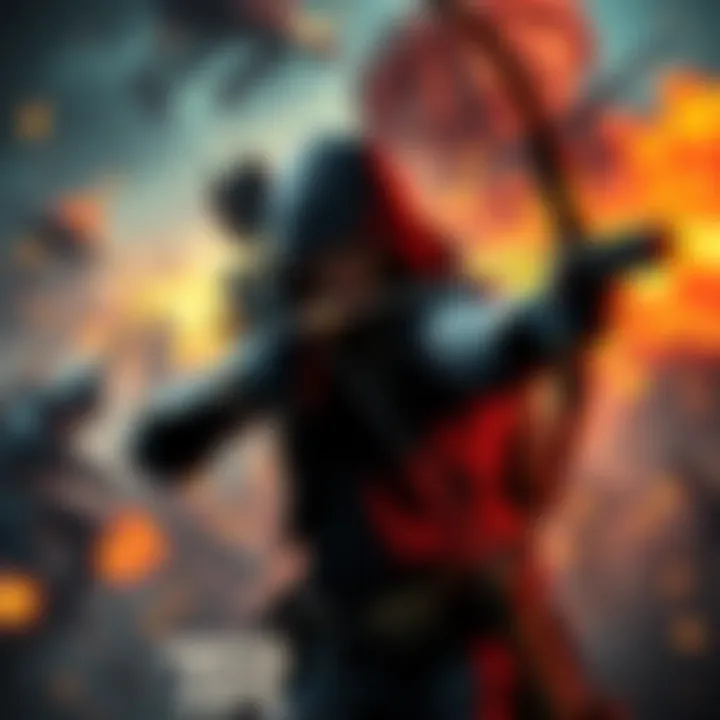 A character holding a bow and arrow in a stealth pose, with dual pistols hanging at their sides, set against an action-packed background.