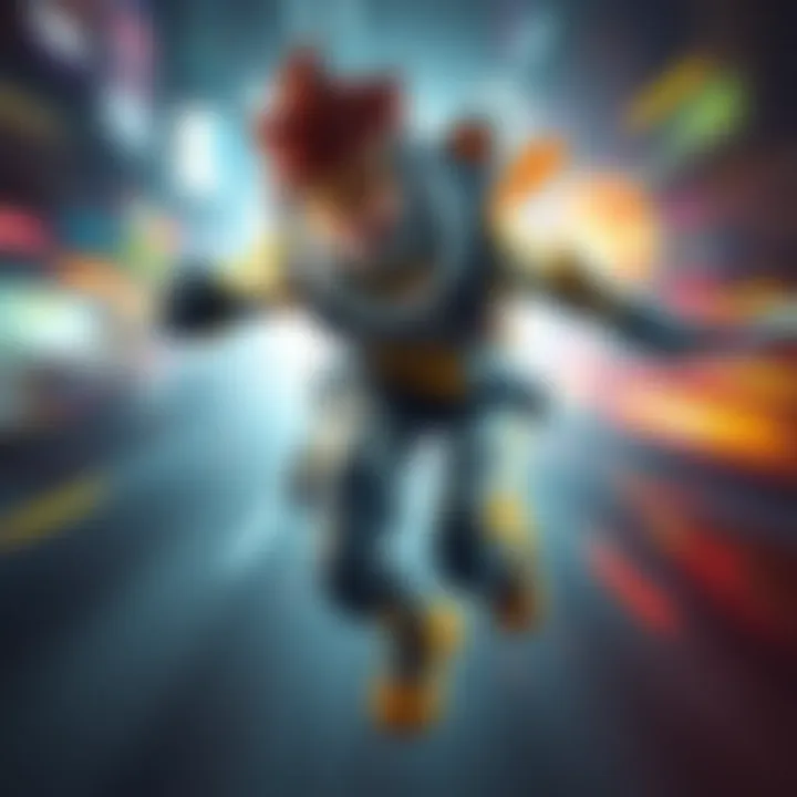 Tracer in action A character resembling Tracer from a competitive game, dashing forward with blurring effects, showcasing speed and agility while wearing a distinctive outfit with goggles.