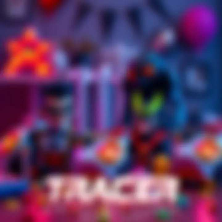 A collection of birthday gifts for Tracer fans including action figures, apparel, and themed accessories on a table.