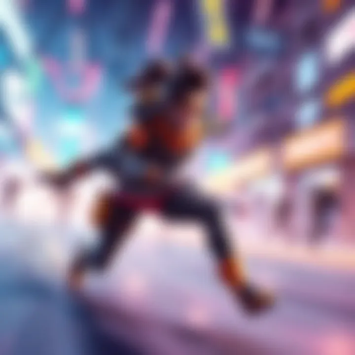 A dynamic scene showing Tracer, a fast-moving character, using her abilities to evade enemies in a vibrant game environment.