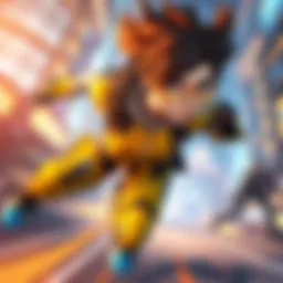 A dynamic scene showing Tracer, a fast-paced character with bright colors and goggles, dashing through a battlefield in Overwatch, showcasing her speed and agility.