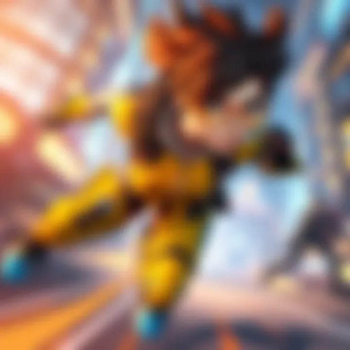 A dynamic scene showing Tracer, a fast-paced character with bright colors and goggles, dashing through a battlefield in Overwatch, showcasing her speed and agility.