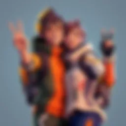 Tracer and Juno standing closely together in a playful victory pose, sharing a lighthearted moment.