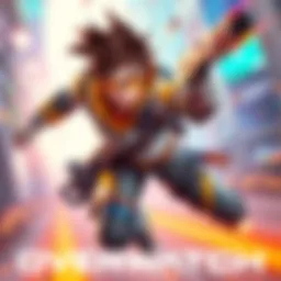Tracer in Overwatch A dynamic action shot of Tracer, the fast-moving character known for her twin pistols and time-jumping abilities, in a vibrant Overwatch setting.