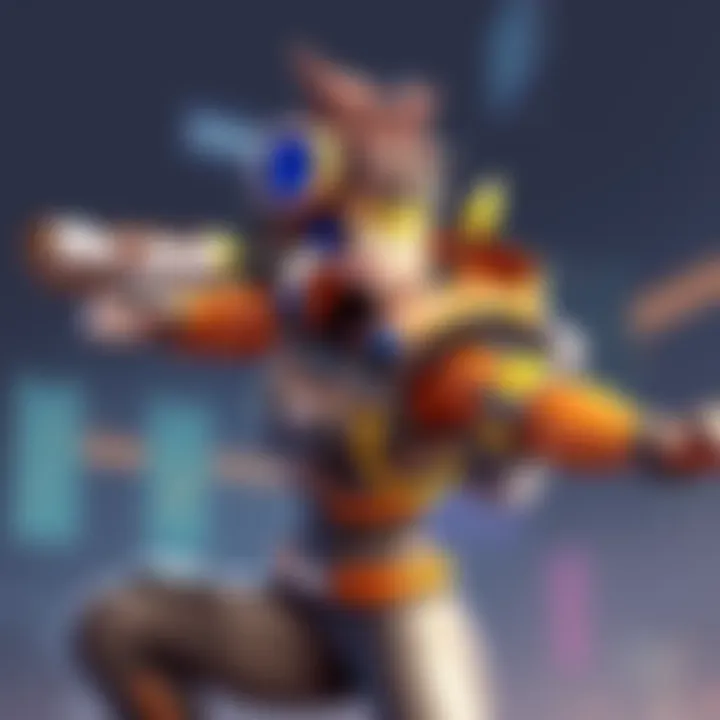Tracer, the mascot of Overwatch, strikes a dynamic pose with her signature goggles and blaster in hand, showcasing her energetic personality.