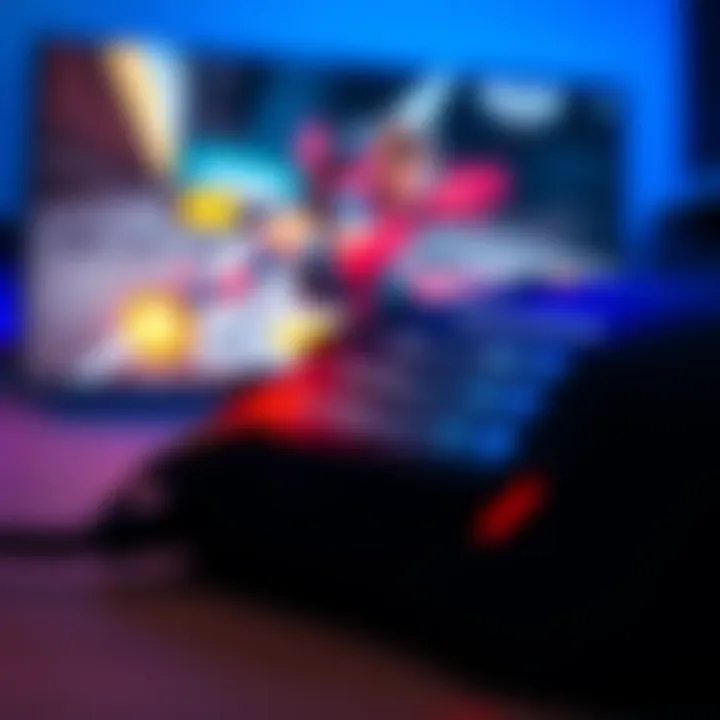 A close-up of a gaming mouse with high sensitivity settings displayed on the screen, showing a Tracer character in action during a game.