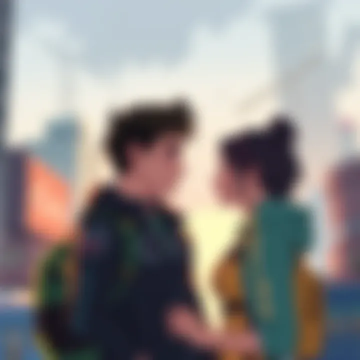 Tracer in a straight couple scene Illustration of Tracer from a video game depicted with a straight partner, showing expressions of affection, with a city backdrop.