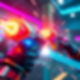 A close-up of Tracer's bright, futuristic impulse rifles being fired in a dynamic gaming setting, showcasing vibrant energy effects and motion blur