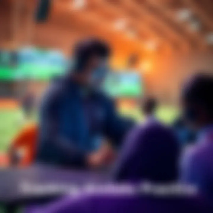 A coach reviewing Aimlabs data on a laptop while guiding student athletes in a gaming setup.