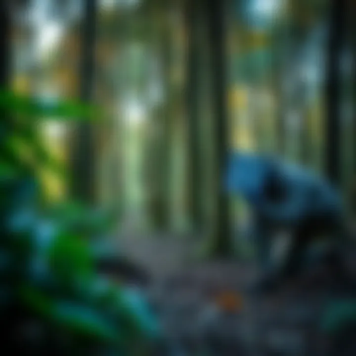 A person practicing tracking skills in a forest, observing signs on the ground