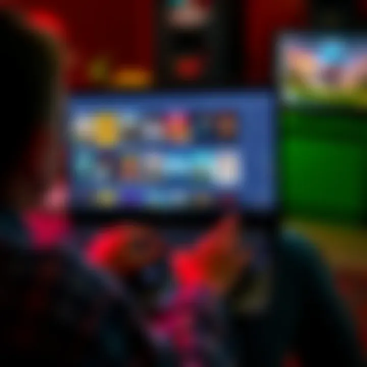 A person using a laptop to log their video game experiences on a tracking platform, with various game covers displayed on the screen.