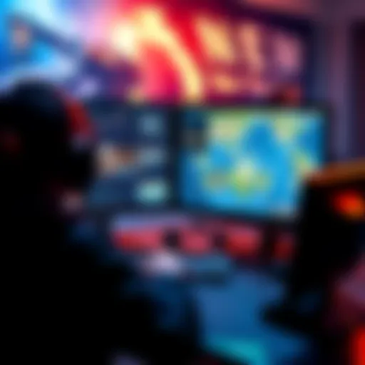 A gamer using a computer to track items and locations in a video game, with screenshots and maps displayed on the screen.