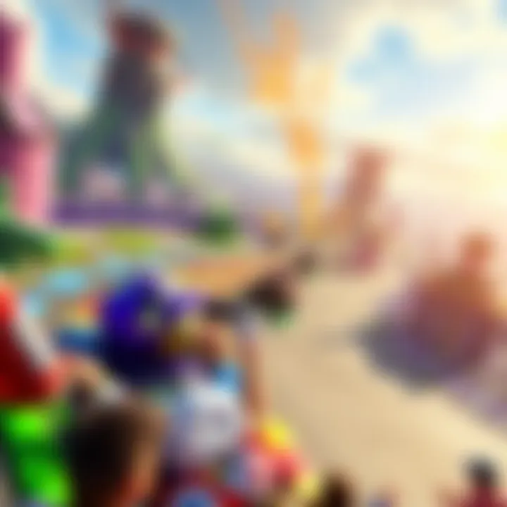 A vibrant Trackmania track showcasing recovery routes designed for competitive play, with players racing through colorful landscapes and spectators watching excitedly.