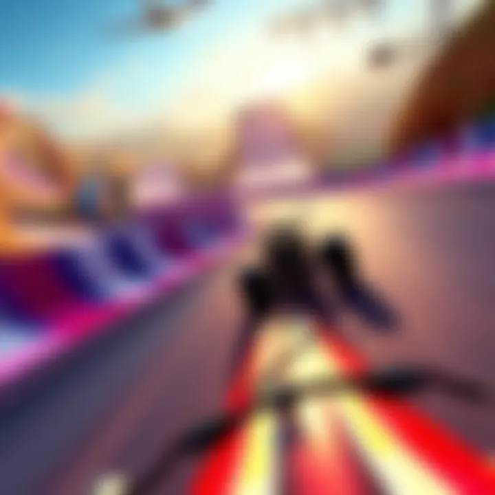 Trackmania Gameplay A screenshot of Trackmania showing a racing car on a vibrant track with twists and turns, highlighting the fast-paced action of the game.