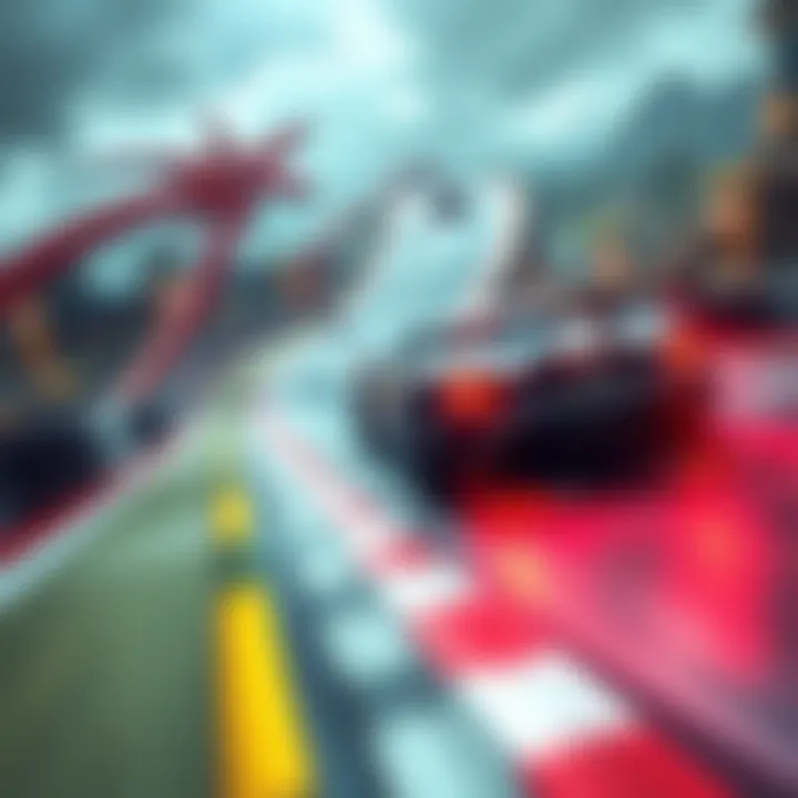 A vibrant race car in motion on a detailed TrackMania track with twists and turns