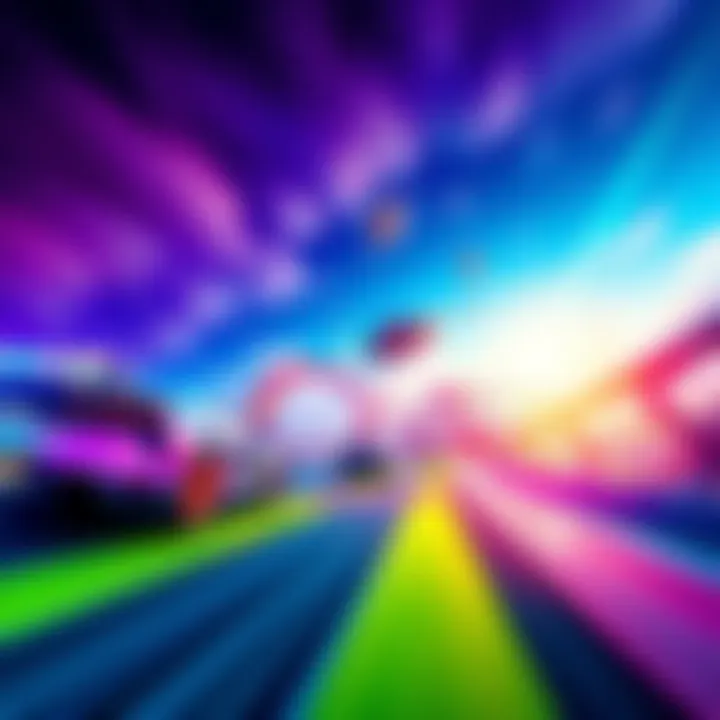A vibrant scene of a Trackmania race with cars speeding along colorful tracks under a bright, energetic sky
