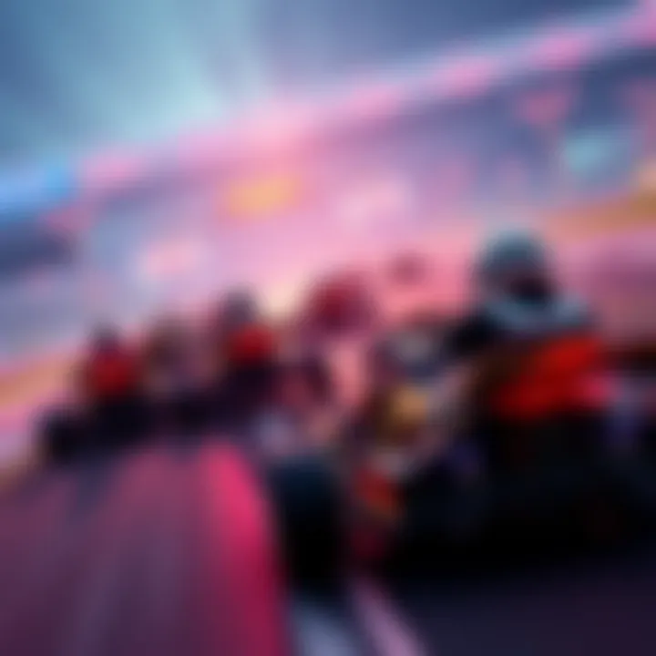 A group of Trackmania racers on a digital racetrack, showcasing different skill levels and strategies in action