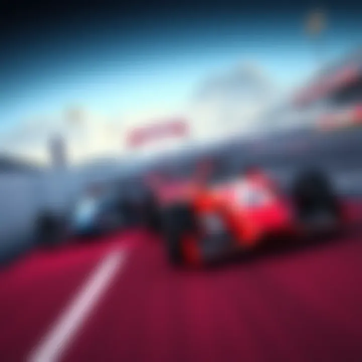 Two race cars competing on a virtual track in Trackmania, showcasing the game's dynamic racing environment.