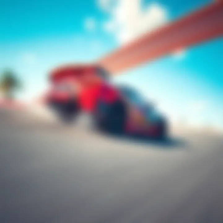 A high-speed car performing a speedslide on a bright summer track in Trackmania, showcasing precision and skill.