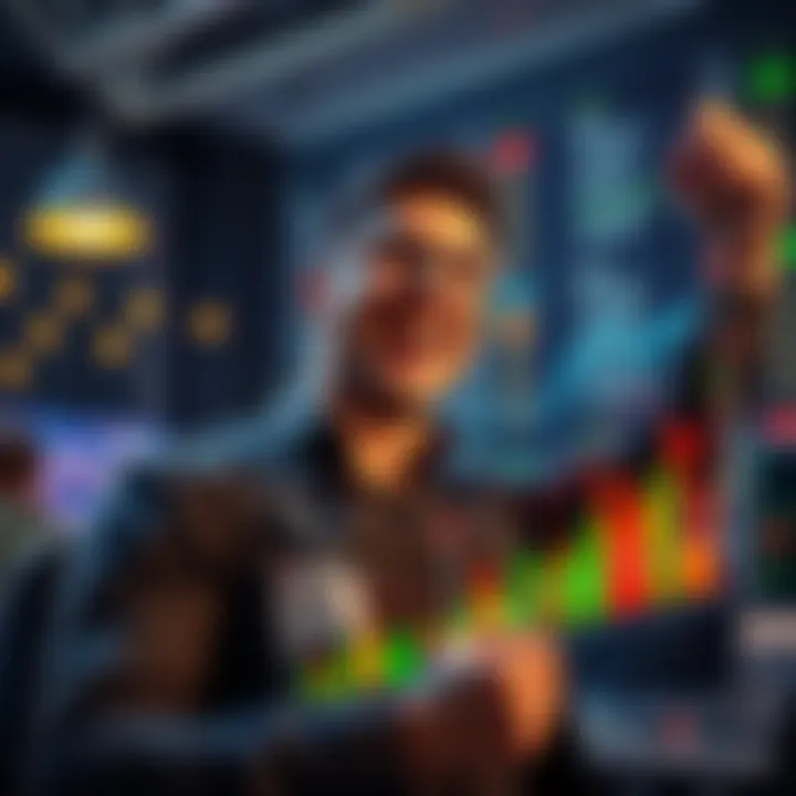 Trader Celebrating Milestone A trader smiling and celebrating after reaching a significant trading milestone, holding a chart showing upward trends.