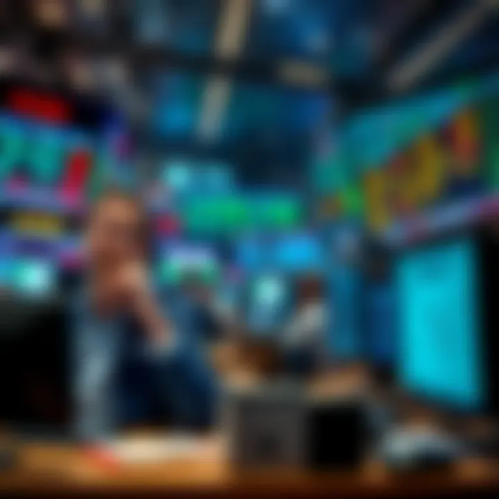 Traders look stressed at their desks during a chaotic market day, surrounded by screens displaying fluctuating stock prices.