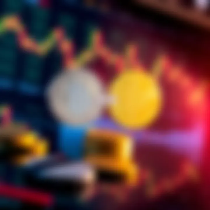 Graphic showing two coins representing trading pairs with arrows indicating exchange, set against a market chart background.