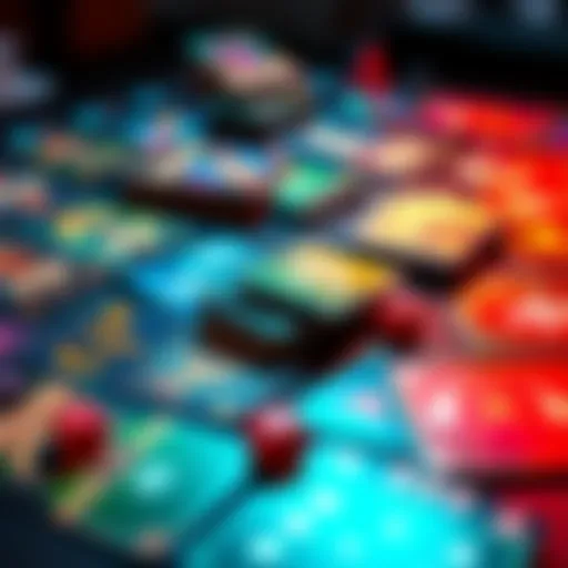 A colorful display of various trading cards on a table, with game dice and player tokens scattered around, showing an engaging game setup.