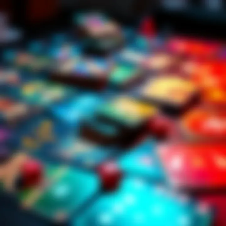 A colorful display of various trading cards on a table, with game dice and player tokens scattered around, showing an engaging game setup.