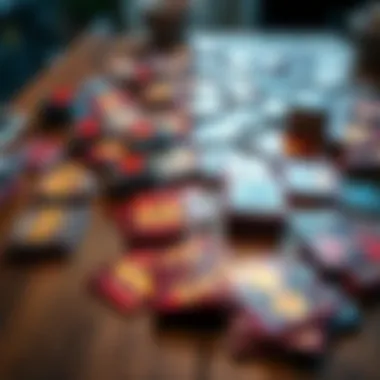 Trading Cards on a Table A collection of colorful trading cards spread out on a wooden table, some turned into badges and others stacked for sale, representing different gaming experiences.
