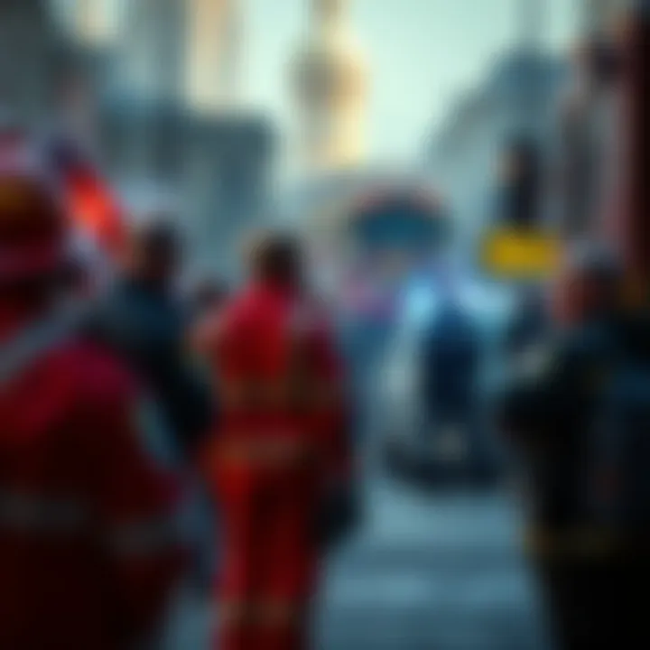 Emergency responders at the site of a tragic event where multiple lives were lost. Witnesses appear shocked and distressed, observing the chaos around them.