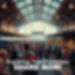 People waiting at a bustling train station with various amenities