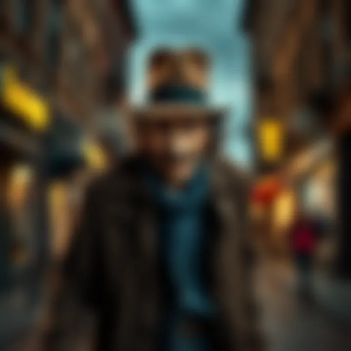 The Tramp Character in Film A classic scene of the Tramp, wearing a bowler hat, mustache, and tattered clothes, walking through a city street with a playful expression.