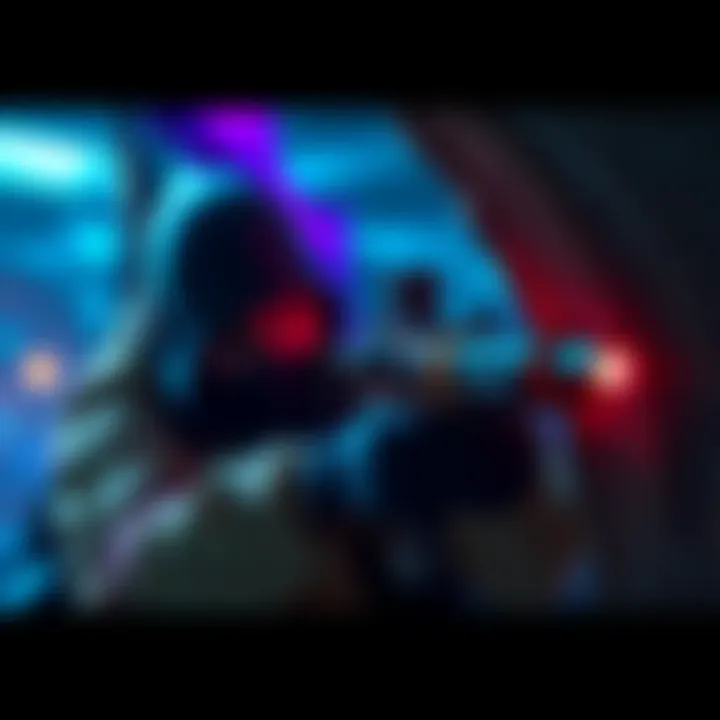 A gaming character shooting tranq darts from a concealed position while aiming at an enemy