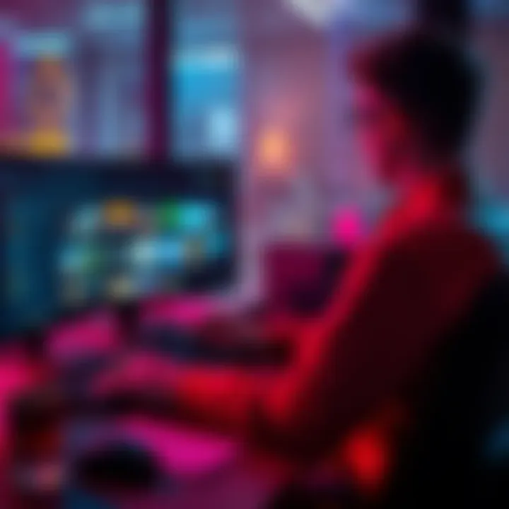 A person sitting at a desk, transferring game save files from an old PC to a new one, with popular game icons visible on the screen.