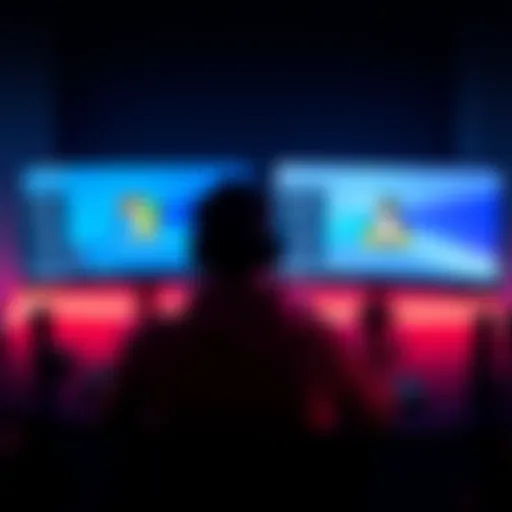 A gamer sits at a desk, looking at a dual monitor setup with Windows and Linux screens, showing game save files being transferred.