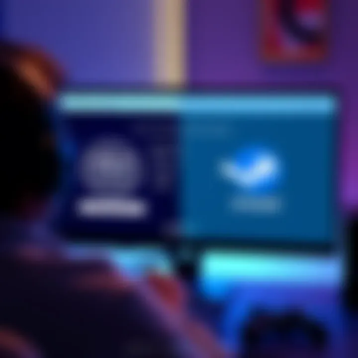 A gamer looks at a computer screen showing save file options for Expedition 33, with an Xbox Game Pass logo and a Steam logo side by side.