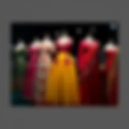 A vivid display of dresses showcasing the evolution from 'Sun in Splendour' to 'Sun in Rags', featuring vibrant patterns and colors that reflect the artistic journey.